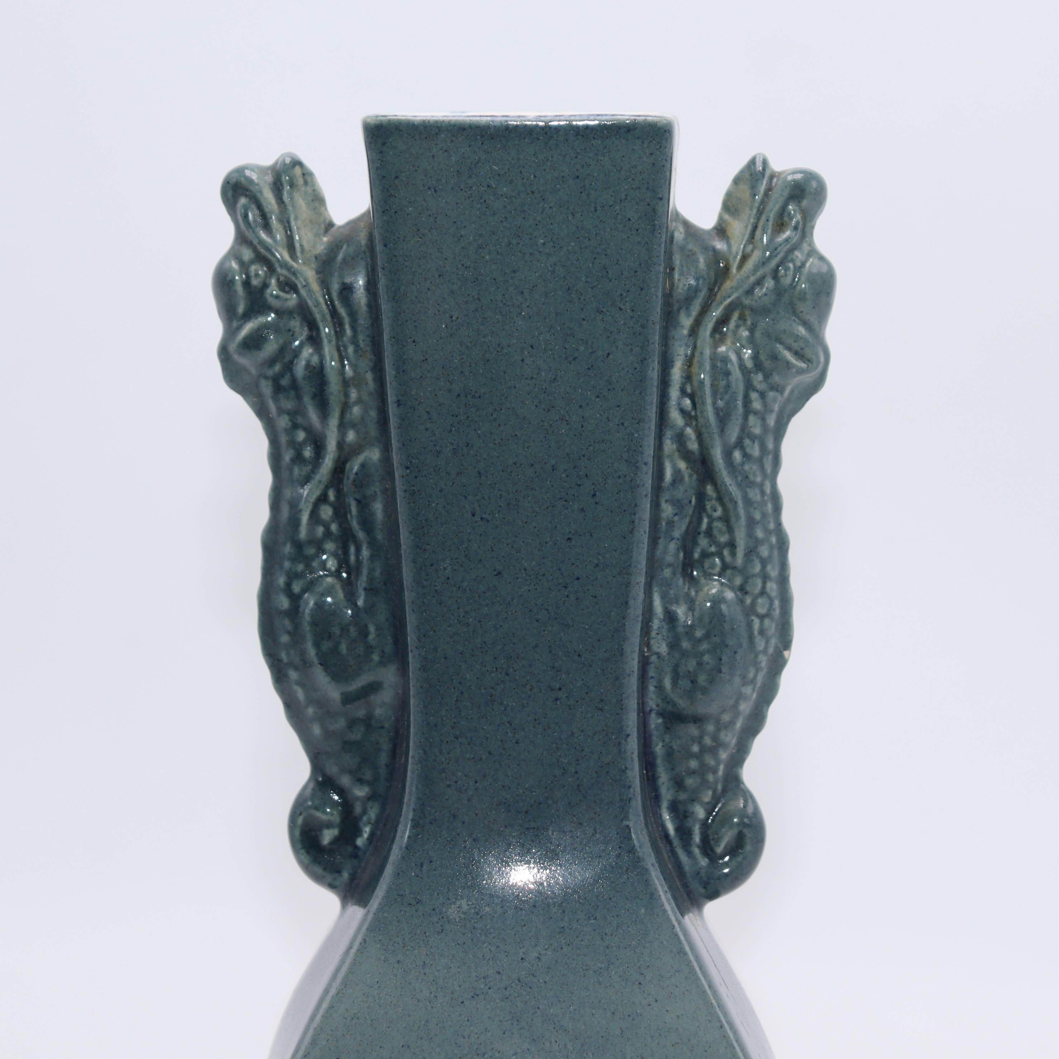 Green Ceramic Vase with Dragons, c. 1960 In Good Condition For Sale In Dallas, TX