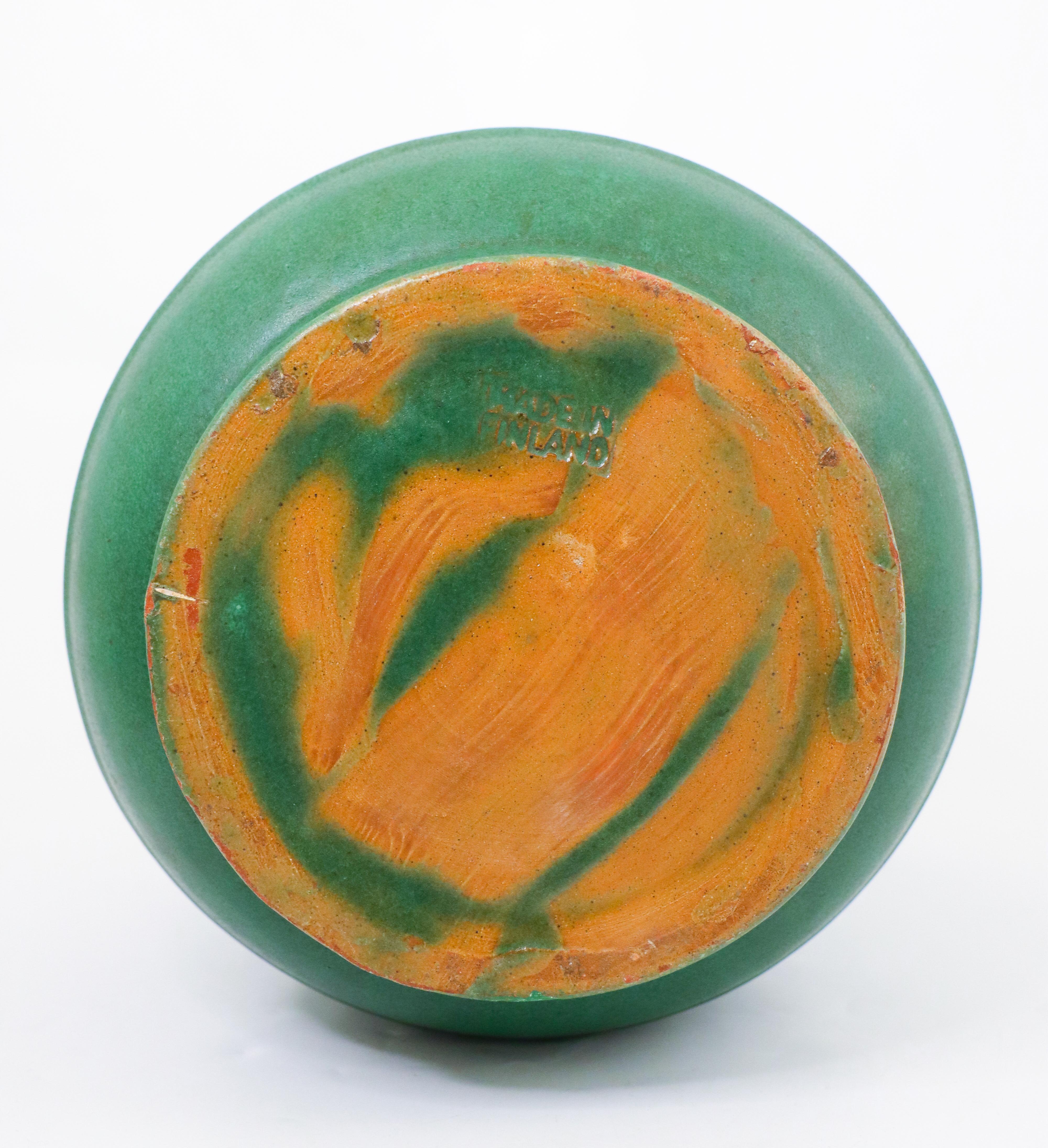 Glazed Green Ceramic Vase with Faces - Kupittaa Savi, Finland For Sale