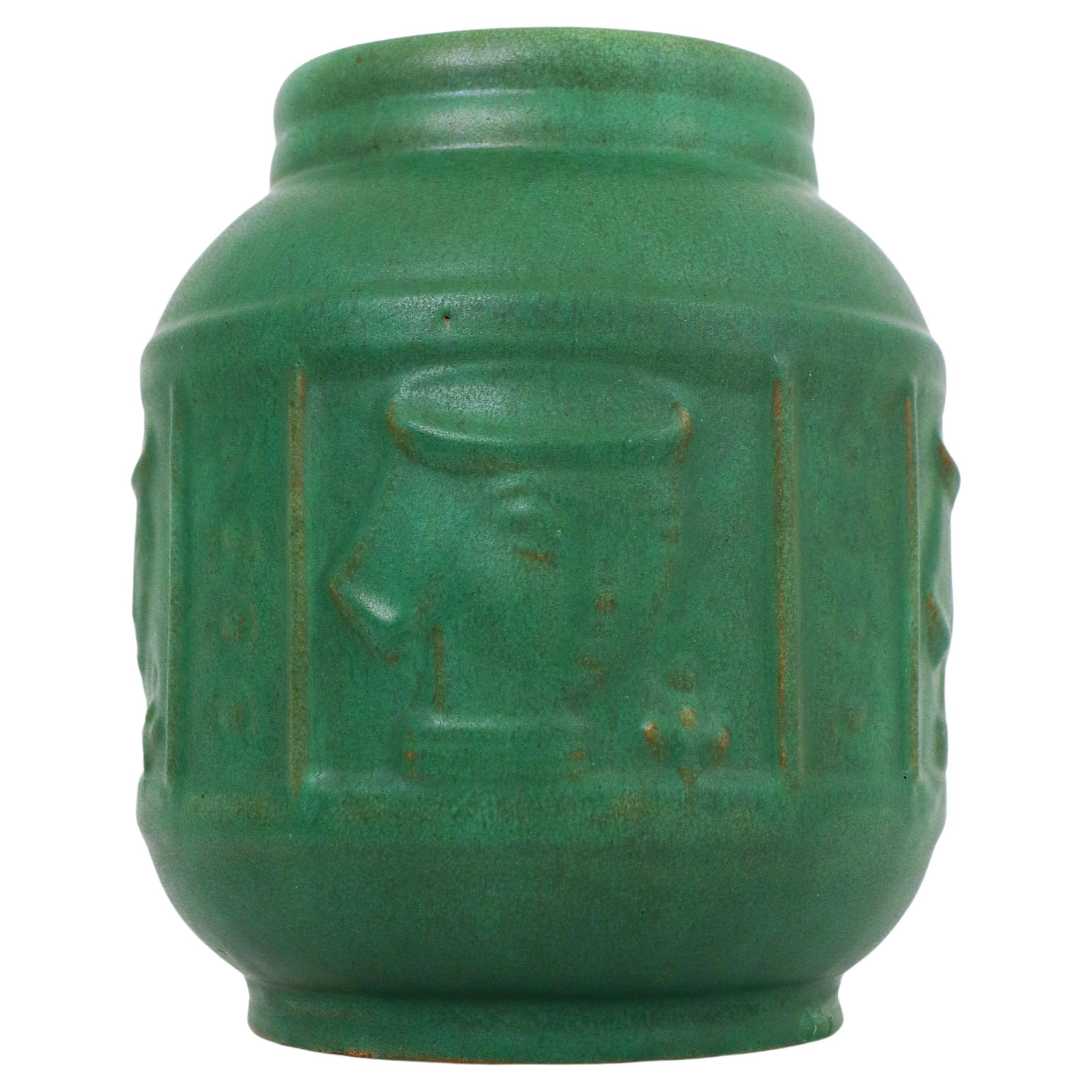 Green Ceramic Vase with Faces - Kupittaa Savi, Finland For Sale
