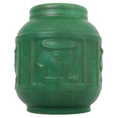 Vintage Green Ceramic Vase with Faces - Kupittaa Savi, Finland