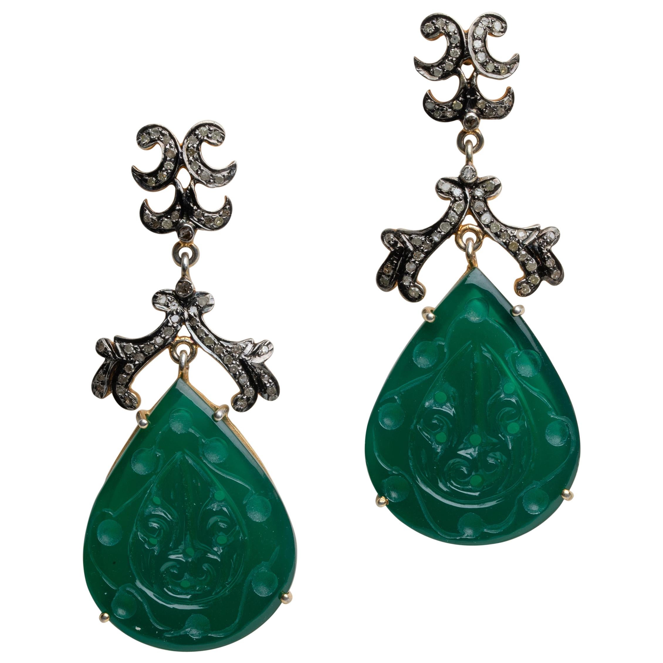 Green Chalcedony and Diamond Dangle Chandelier Earrings