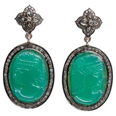 Green Chalcedony and Diamond Drop Earrings