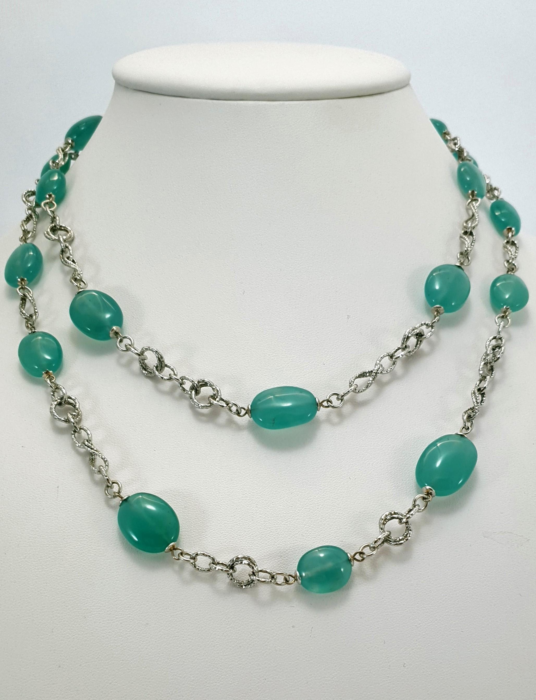 Arts and Crafts Green Chalcedony Baroque Bead Necklace with 18 Carat White Gold For Sale