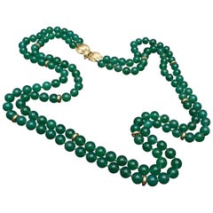 Green Chalcedony Beads Gold Long Double Stands Necklace