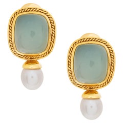 Vintage Green Chalcedony Earrings with Oval Akoya Pearl Set in 18k Yellow Gold