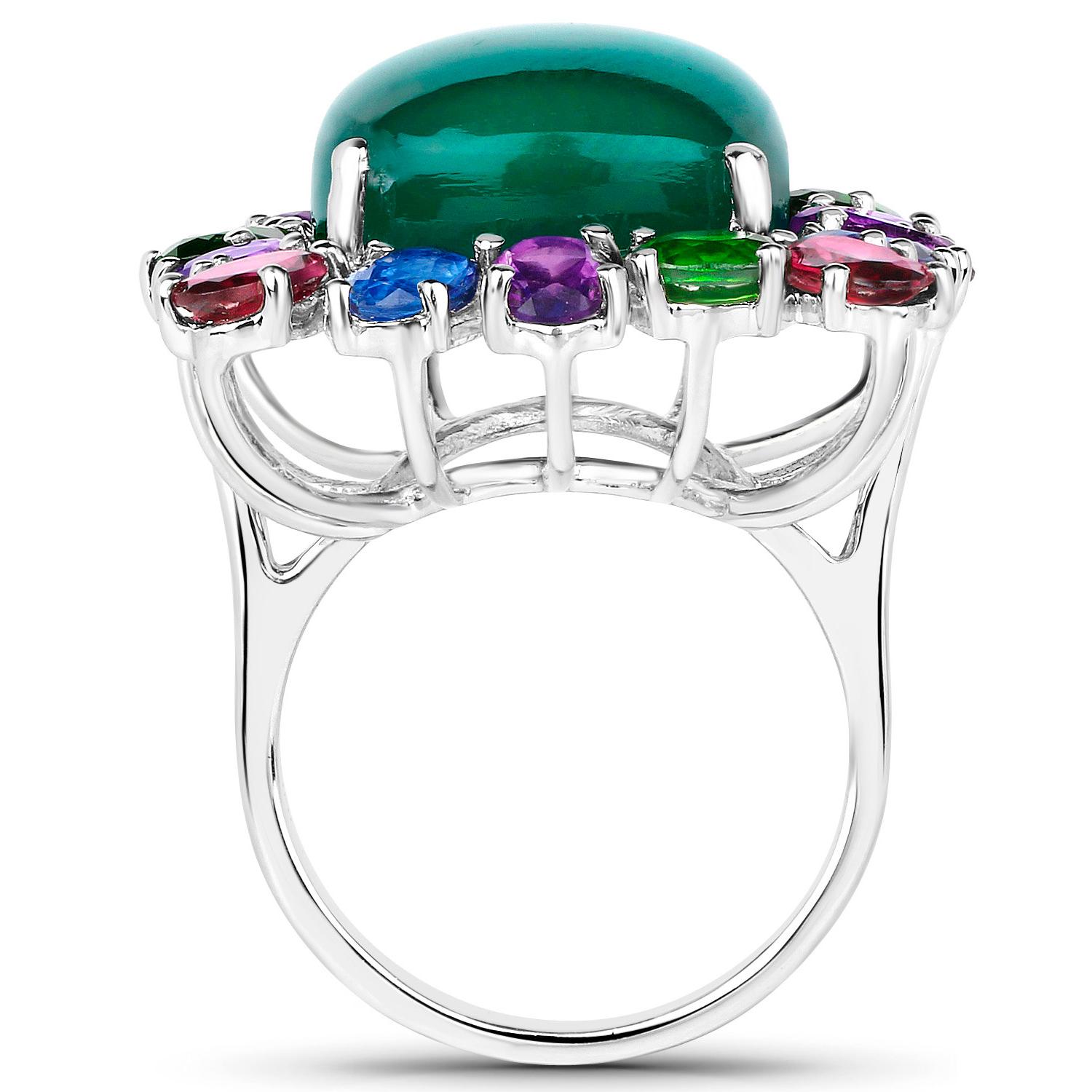 Women's or Men's Green Chalcedony Ring Amethyst Rhodolite Chrome Diopside Kyanite 26 Carats For Sale