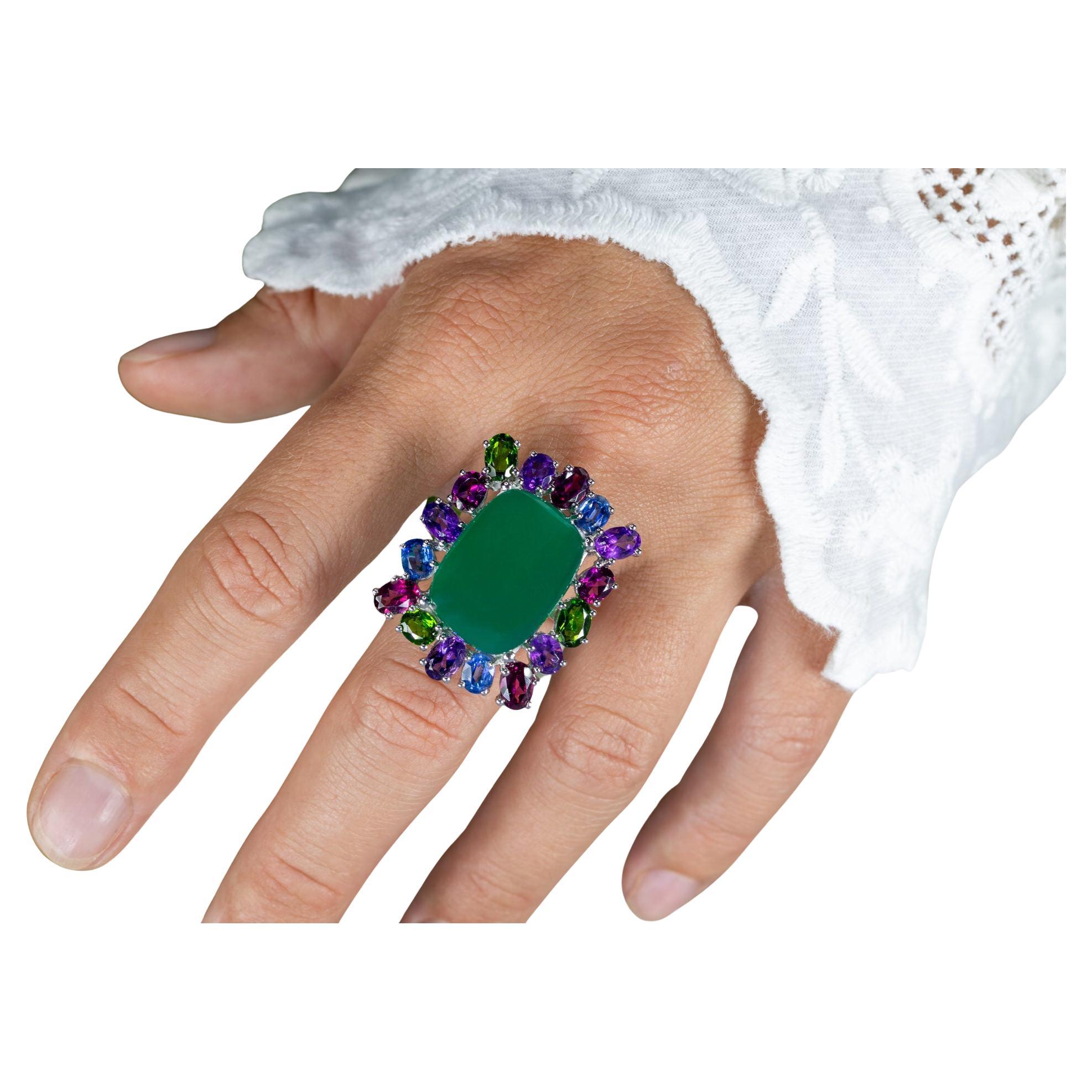 Green Chalcedony Ring Amethyst Rhodolite Chrome Diopside Kyanite 26 Carats