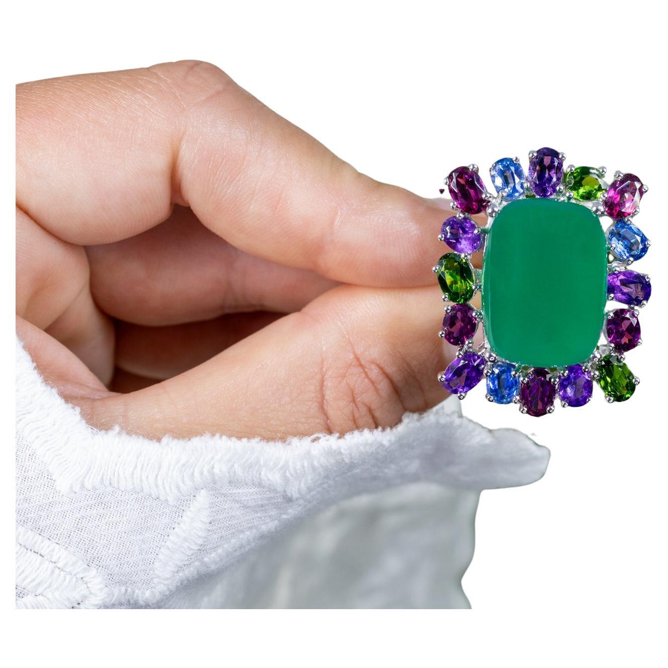 Green Chalcedony Ring Amethyst Rhodolite Chrome Diopside Kyanite 26 Carats