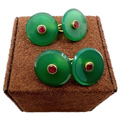 Vintage Green chalcedony, rubies and yellow gold Cufflinks
