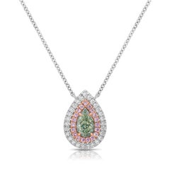 Green 'Chameleon' Pear Shape Diamond Double Halo Pendant - Rare Colors
