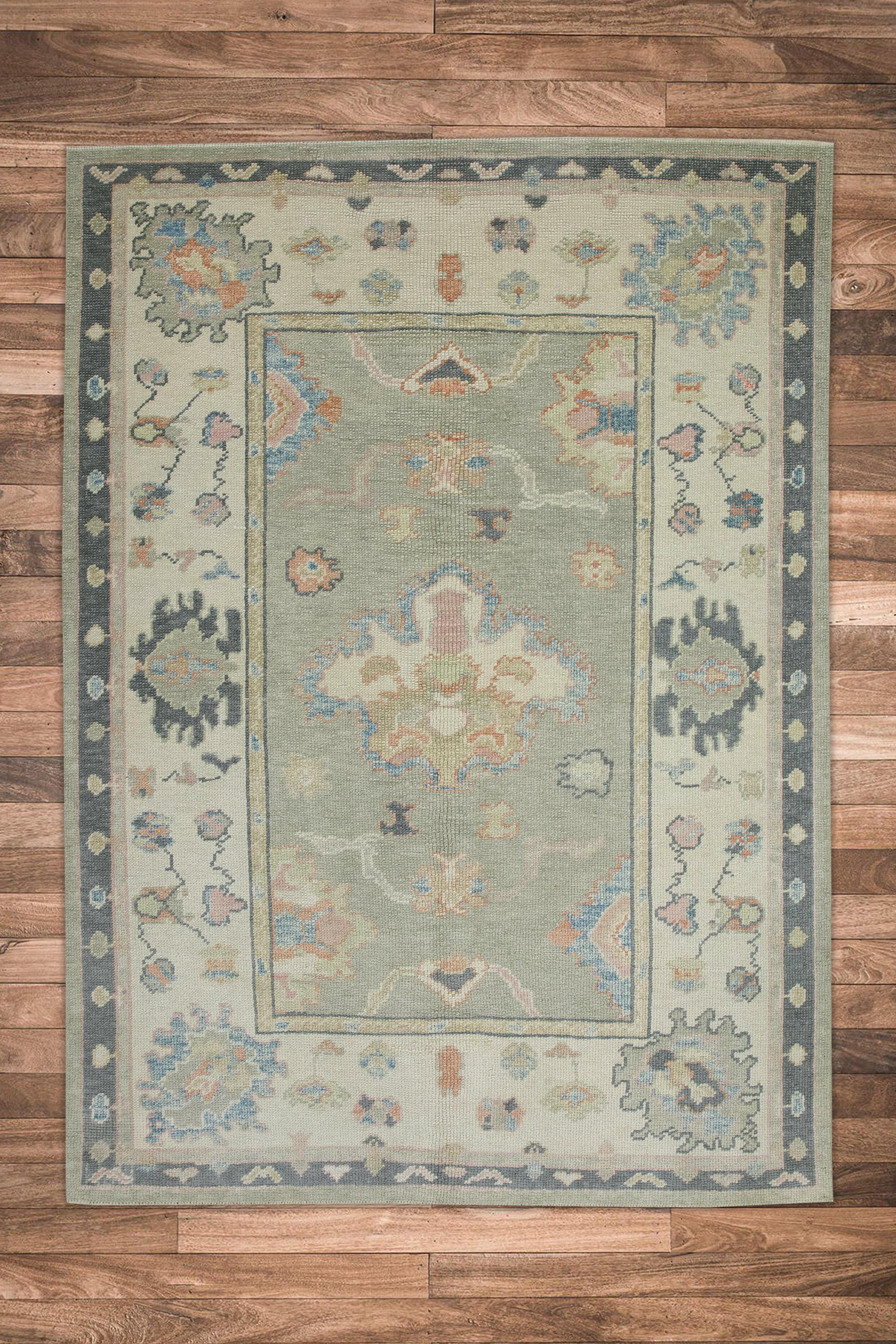 Green & Charcoal Floral Design Handwoven Wool Turkish Oushak Rug 4'8