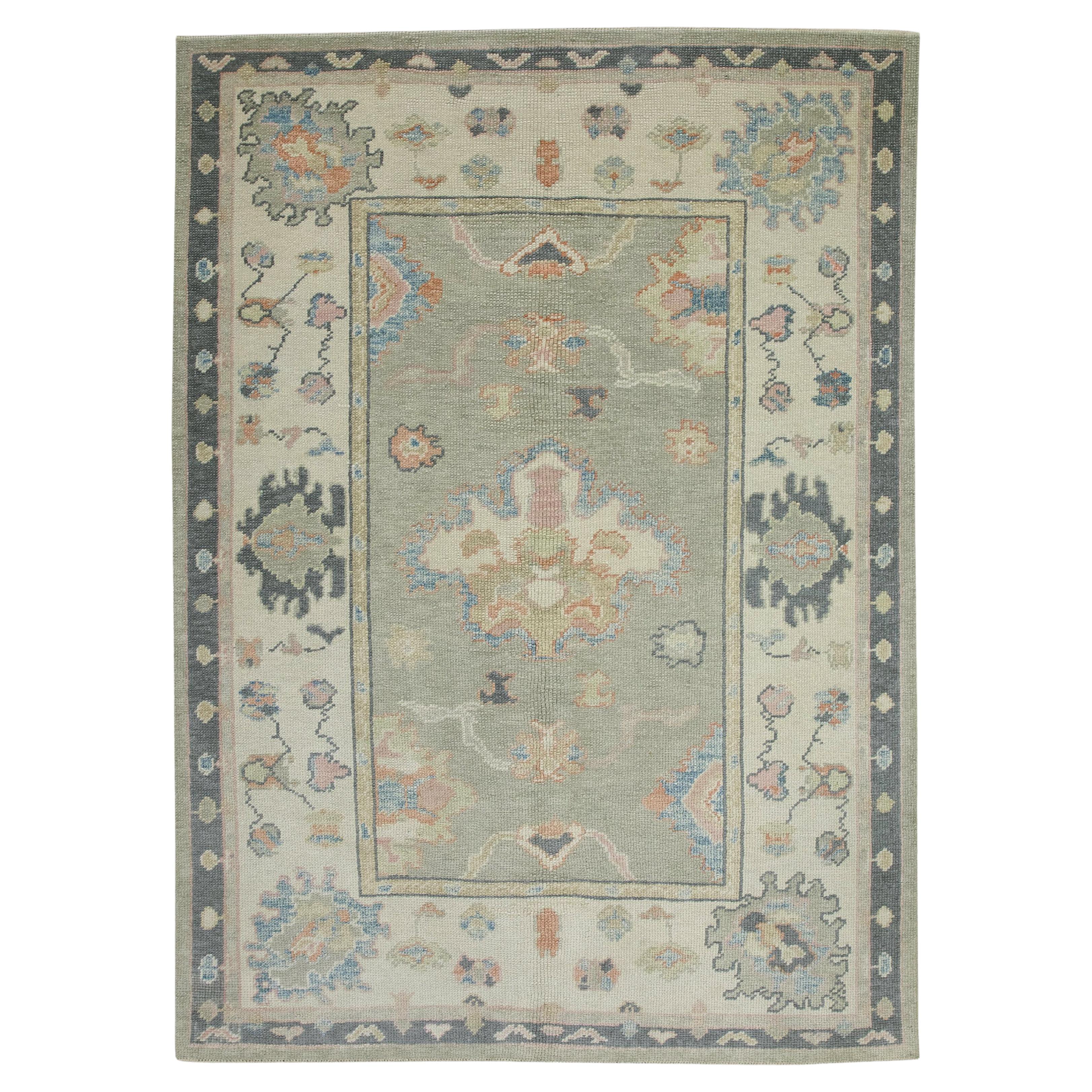 Green & Charcoal Floral Design Handwoven Wool Turkish Oushak Rug 4'8" x 6'5" For Sale