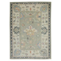Green & Charcoal Floral Design Handwoven Wool Turkish Oushak Rug 4'8" x 6'5"