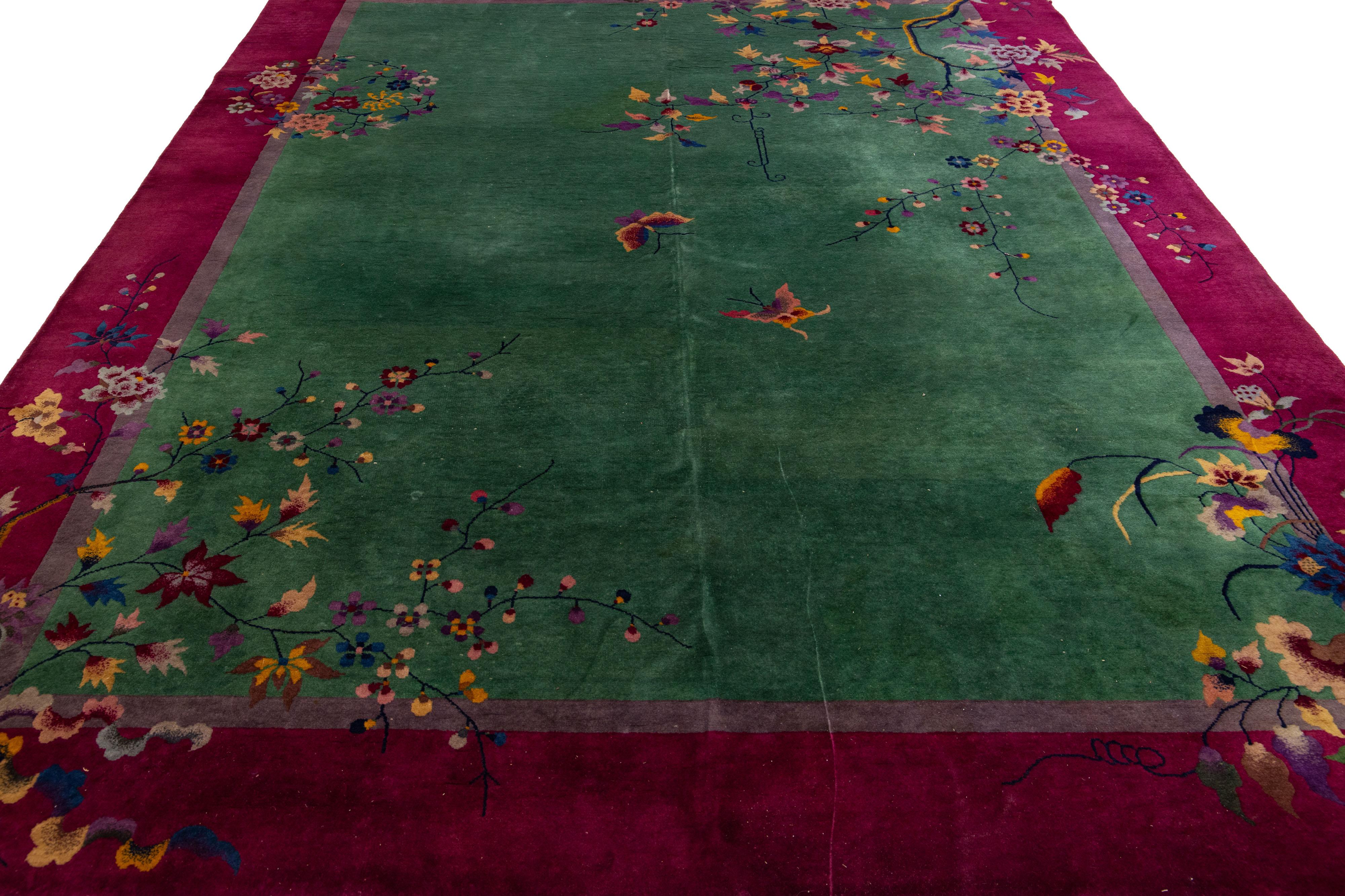 Hand-Knotted Green Chinese Art Deco Handmade Wool Rug with Floral Design For Sale