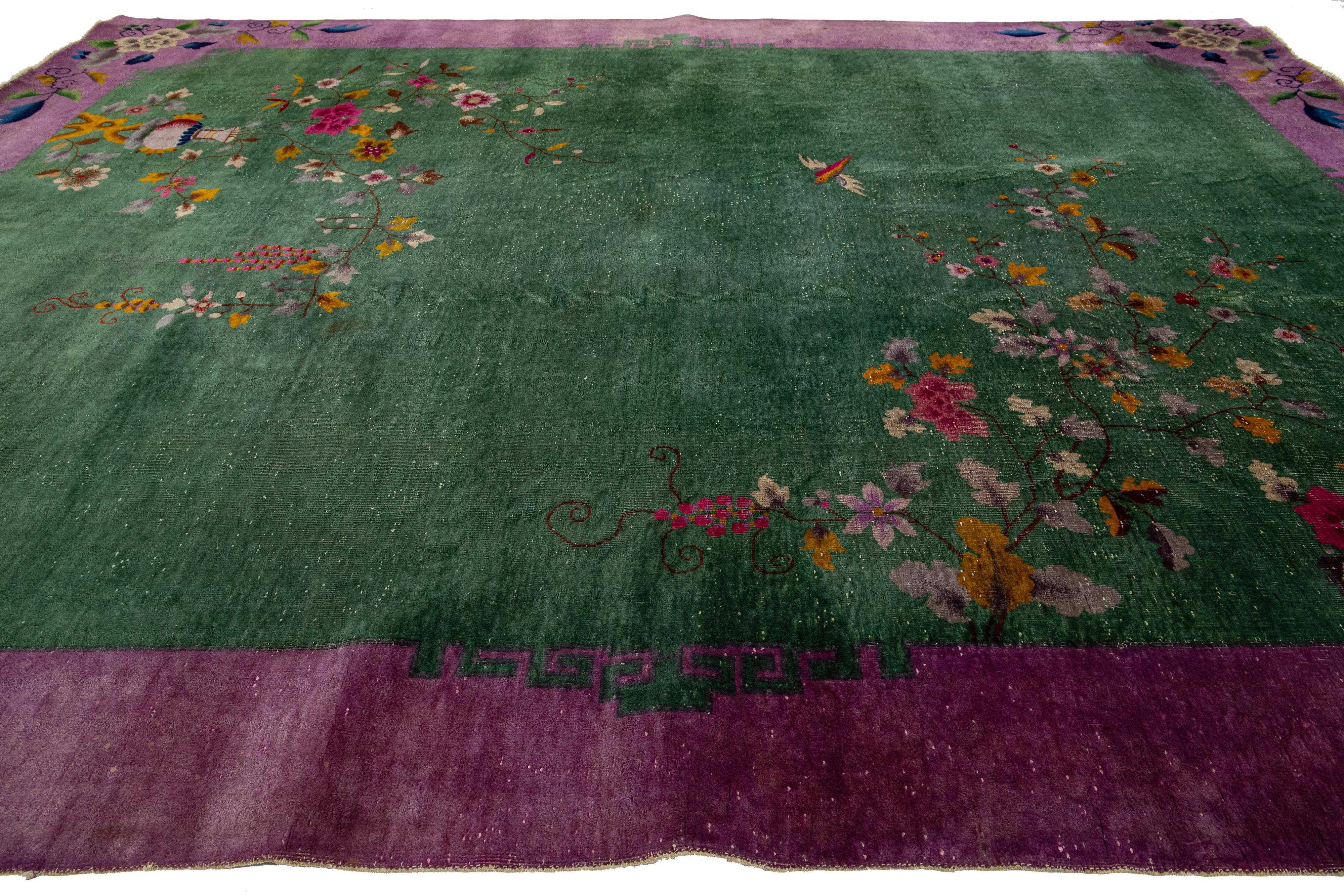 Green Chinese Art Deco Wool Rug Antique Handmade Designed With Floral Pattern   For Sale 5