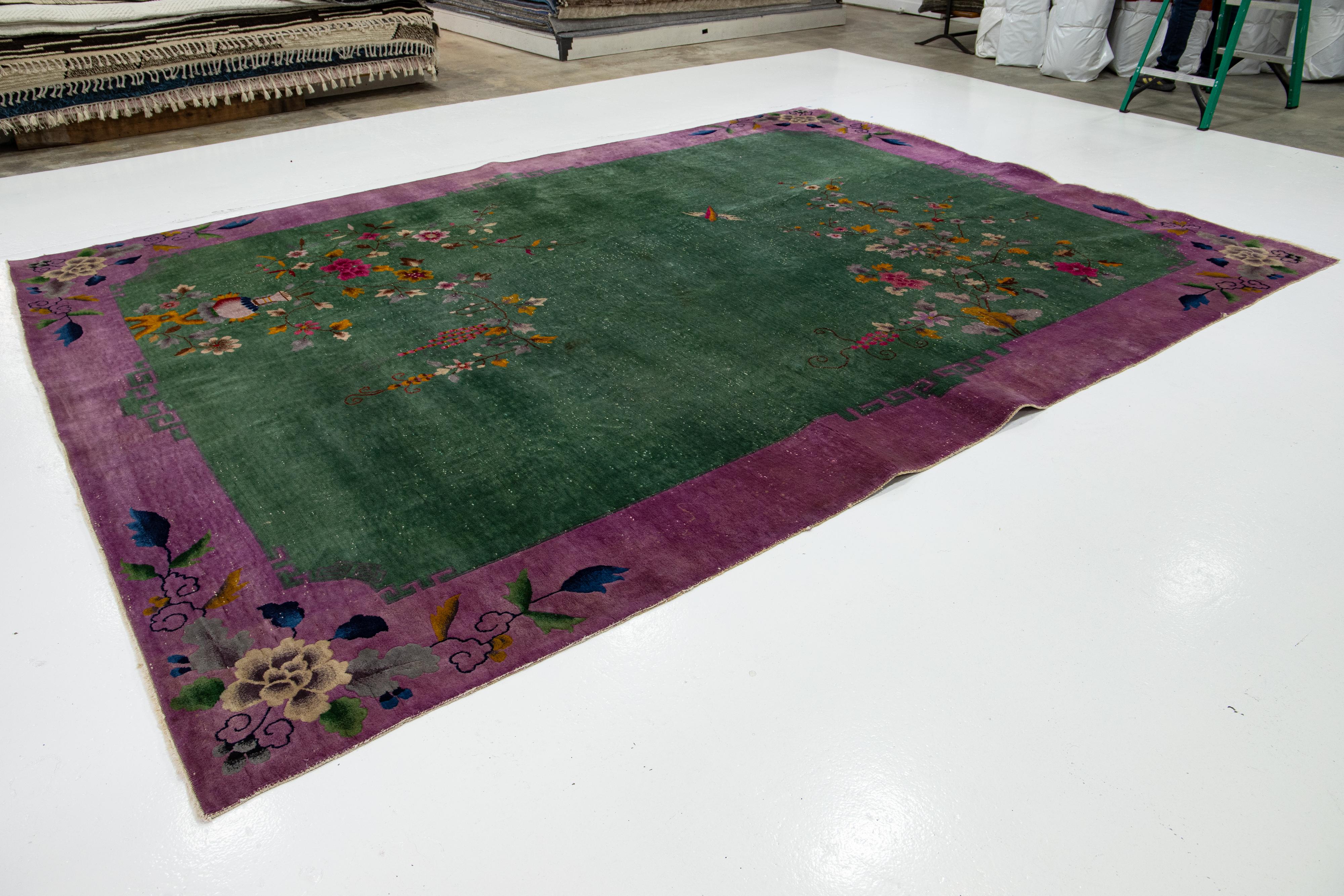 20th Century Green Chinese Art Deco Wool Rug Antique Handmade Designed With Floral Pattern   For Sale