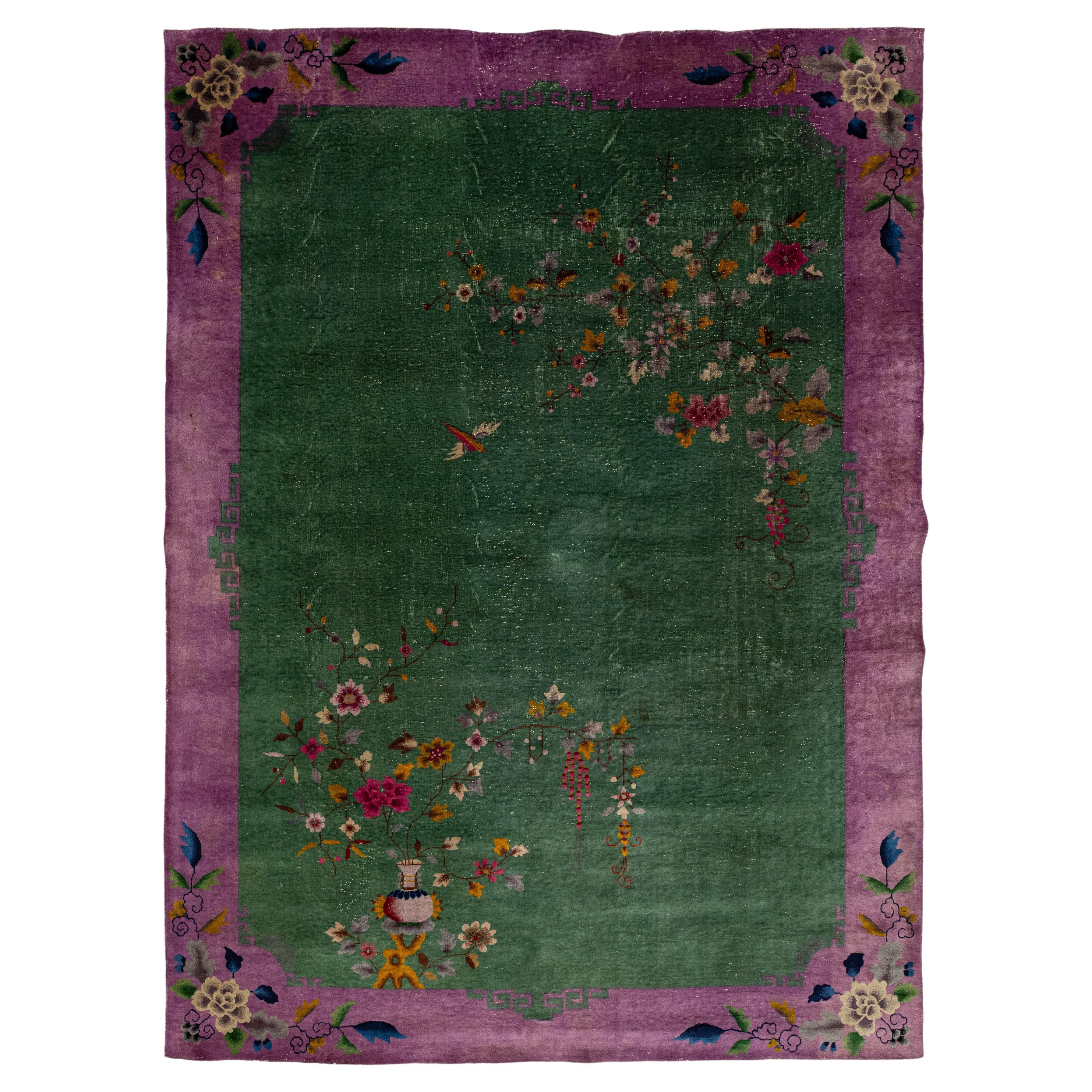 Green Chinese Art Deco Wool Rug Antique Handmade Designed With Floral Pattern  