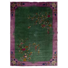 Green Chinese Art Deco Wool Rug Used Handmade Designed With Floral Pattern  