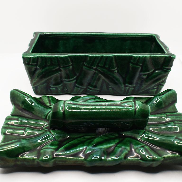 Glazed Green Chinoiserie Ceramic Faux Bamboo Decorative Pagoda Box