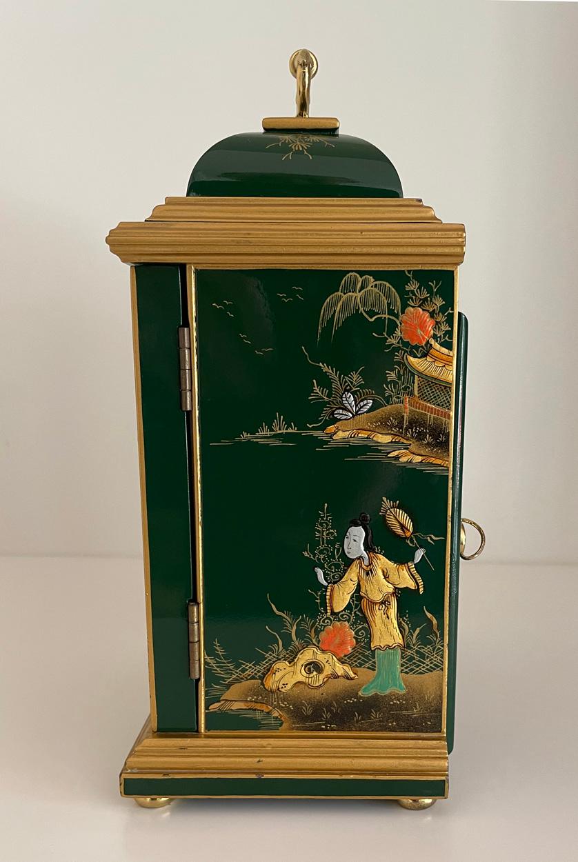 Georgian Green Chinoiserie Chiming Clock with Matching Wall Bracket, Elliott of London For Sale