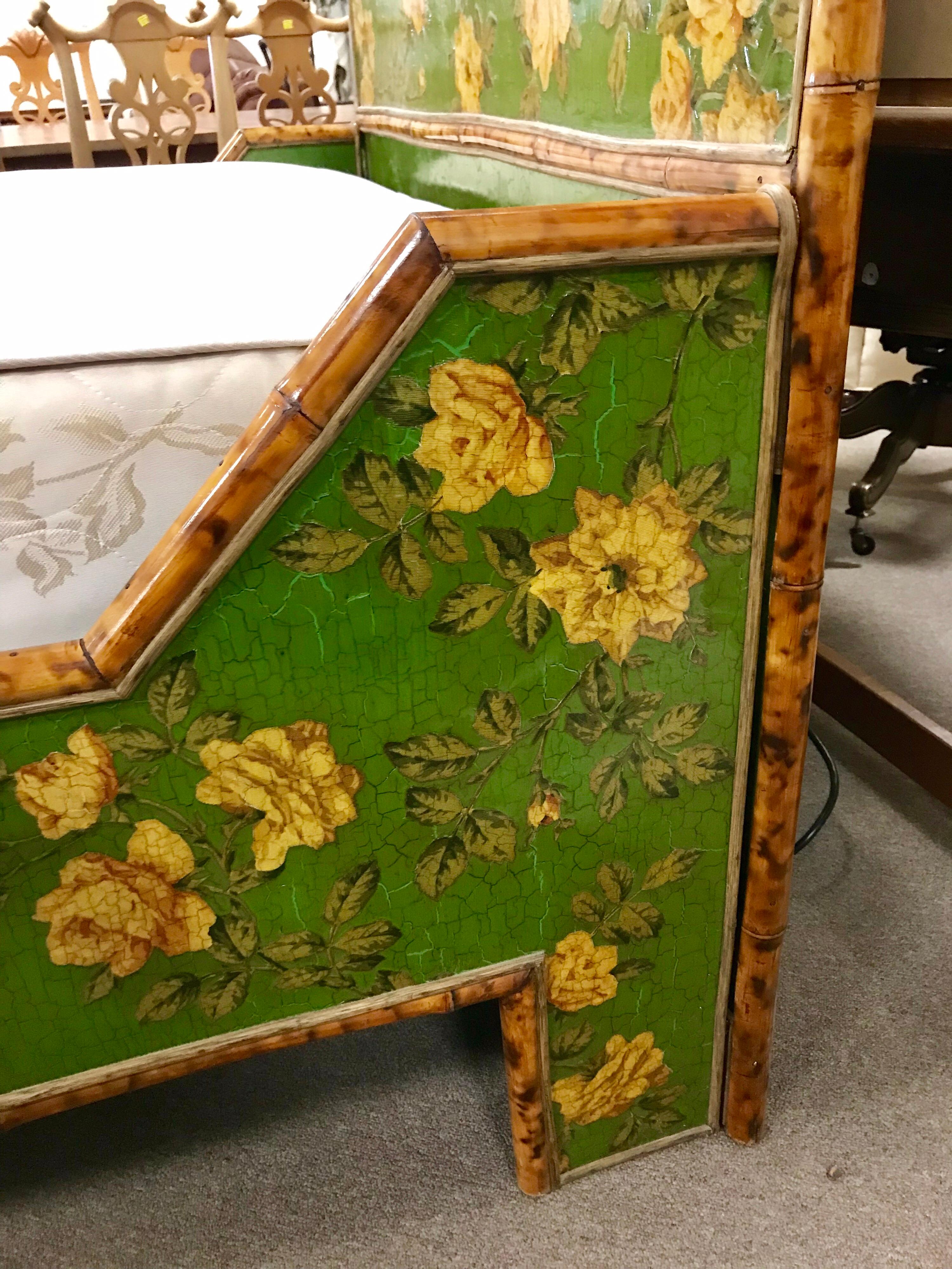 Green Chinoiserie Floral Decoupage and Bamboo Full Bed One of a Kind 2