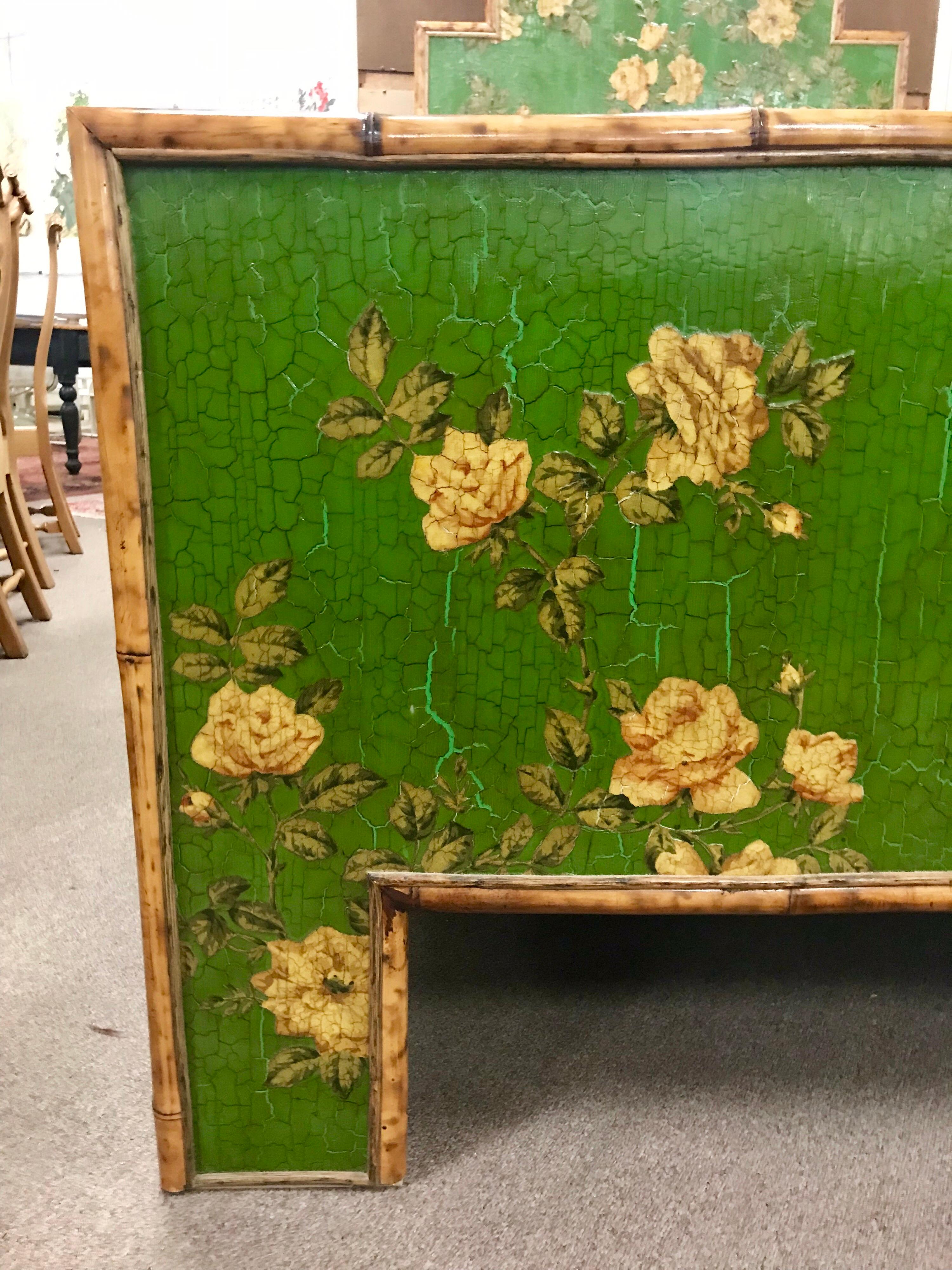 Green Chinoiserie Floral Decoupage and Bamboo Full Bed One of a Kind 3