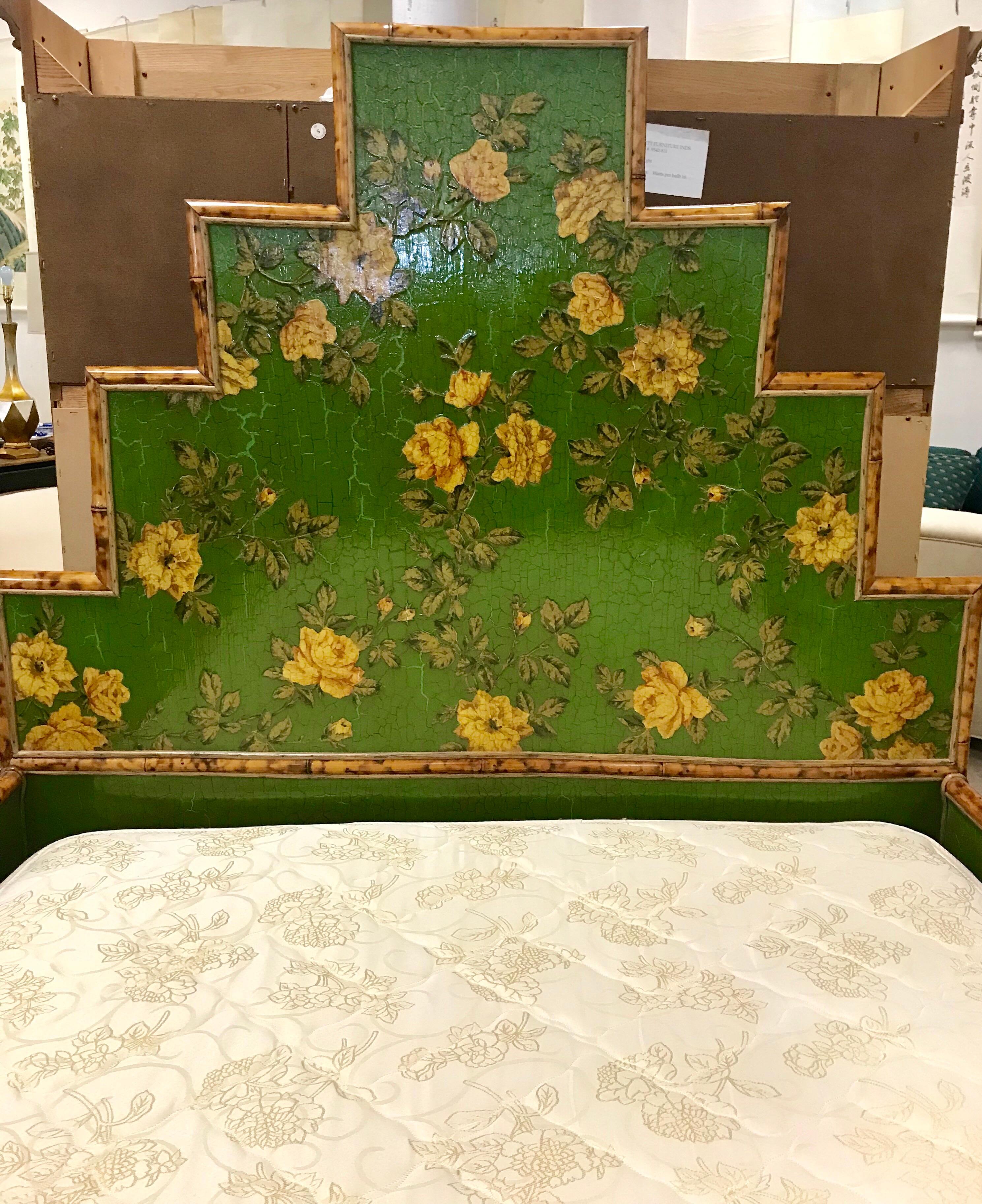 This beautiful and unique chinoiserie style green bedframe has been decoupaged with floral cutout fabric. It has been crackled and has a lacquered finish and trimmed with bamboo all around.