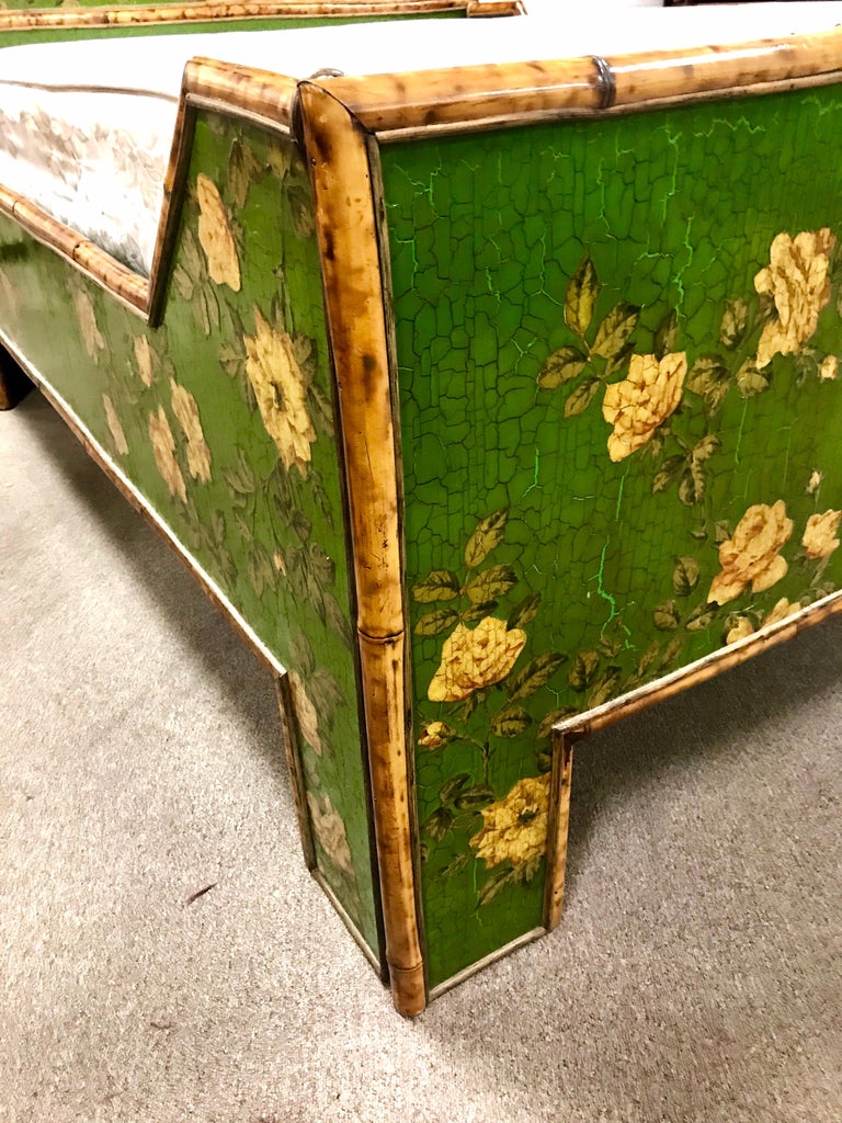 Green Chinoiserie Floral Decoupage and Bamboo Full Bed One of a Kind at