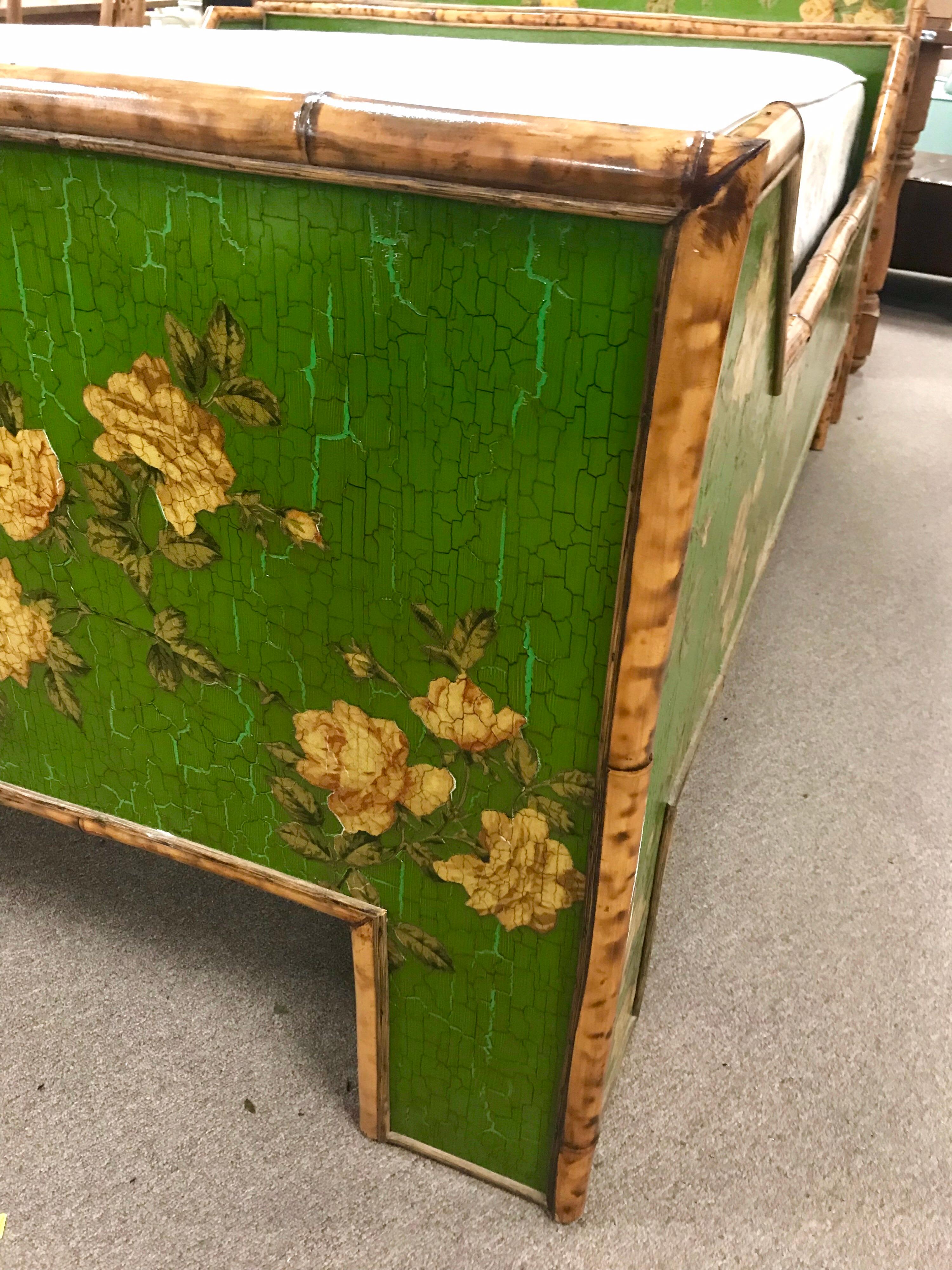 Green Chinoiserie Floral Decoupage and Bamboo Full Bed One of a Kind In Good Condition In West Hartford, CT