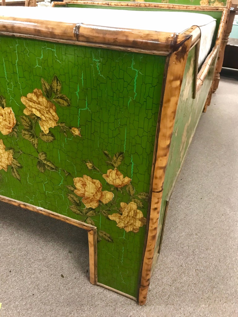 Green Chinoiserie Floral Decoupage and Bamboo Full Bed One of a Kind at