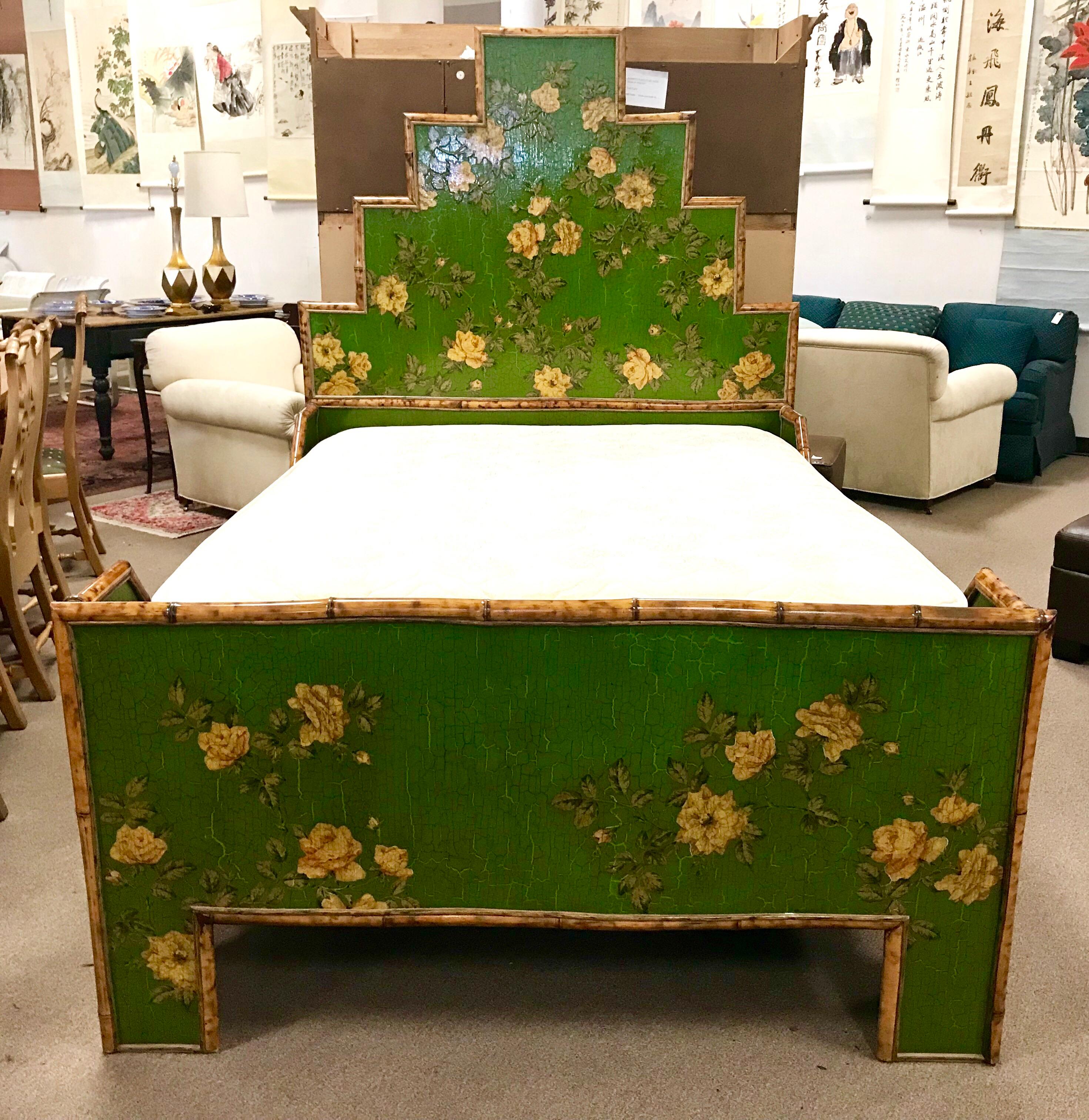 Late 20th Century Green Chinoiserie Floral Decoupage and Bamboo Full Bed One of a Kind