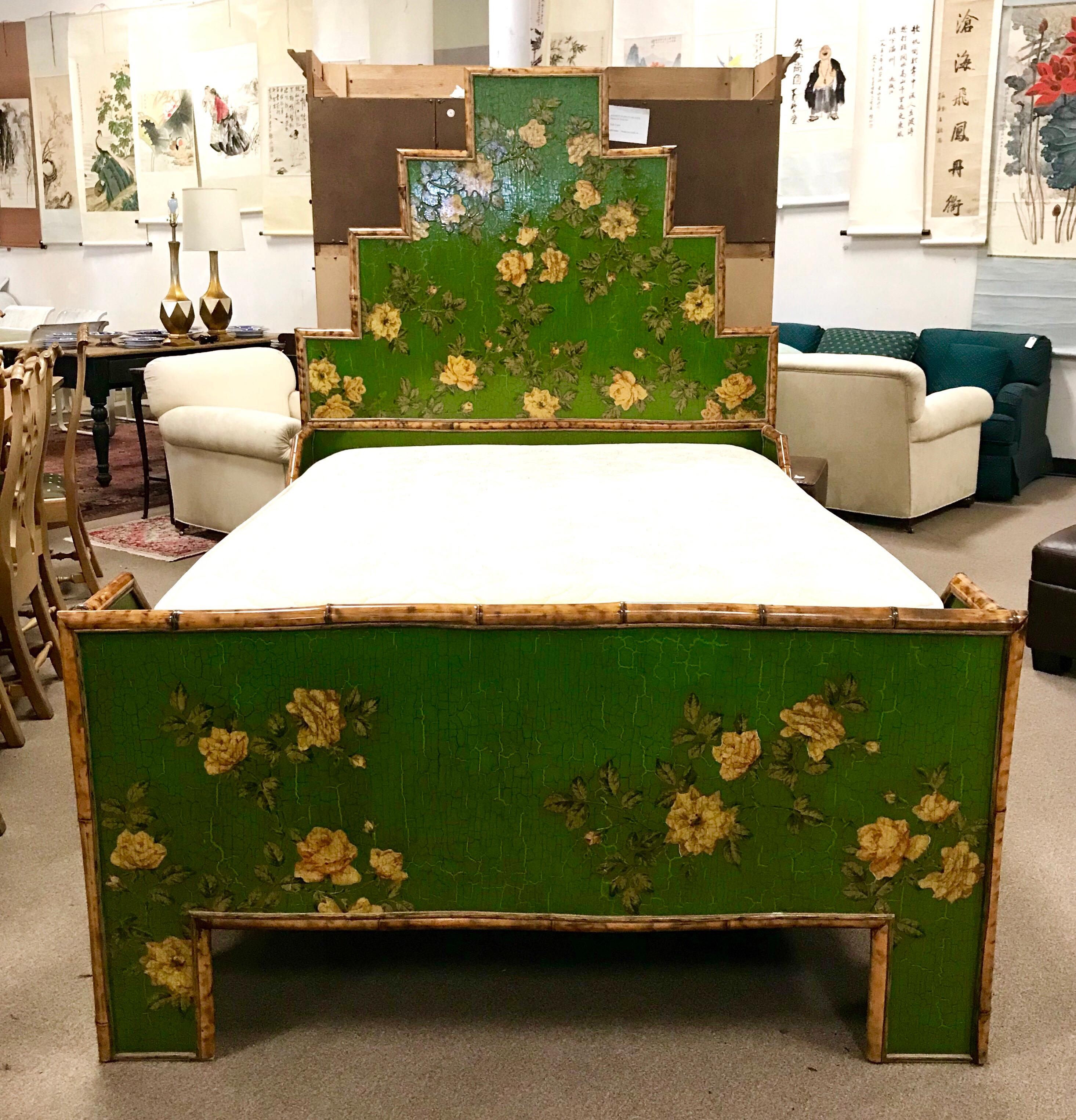 Wood Green Chinoiserie Floral Decoupage and Bamboo Full Bed One of a Kind