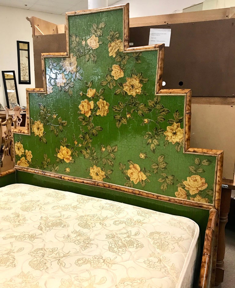 Green Chinoiserie Floral Decoupage and Bamboo Full Bed One of a Kind at