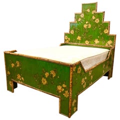 Vintage Green Chinoiserie Floral Decoupage and Bamboo Full Bed One of a Kind