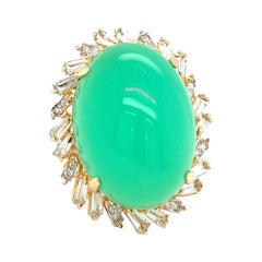 Green Chrysoprase and Diamond 14K Yellow Gold Ring, circa 1970s