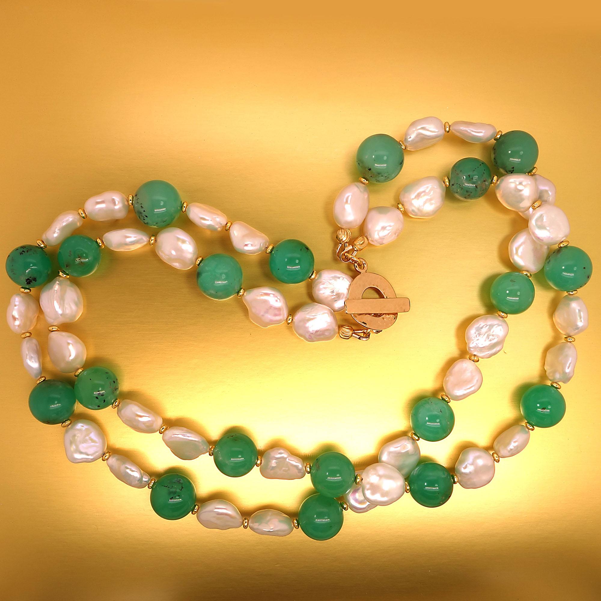 Artisan AJD Green Chrysoprase and White Baroque Pearl Double Strand Choker