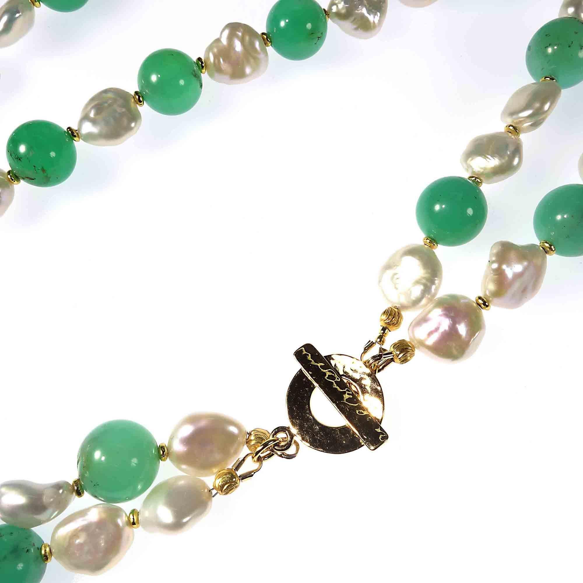 Bead AJD Green Chrysoprase and White Baroque Pearl Double Strand Choker