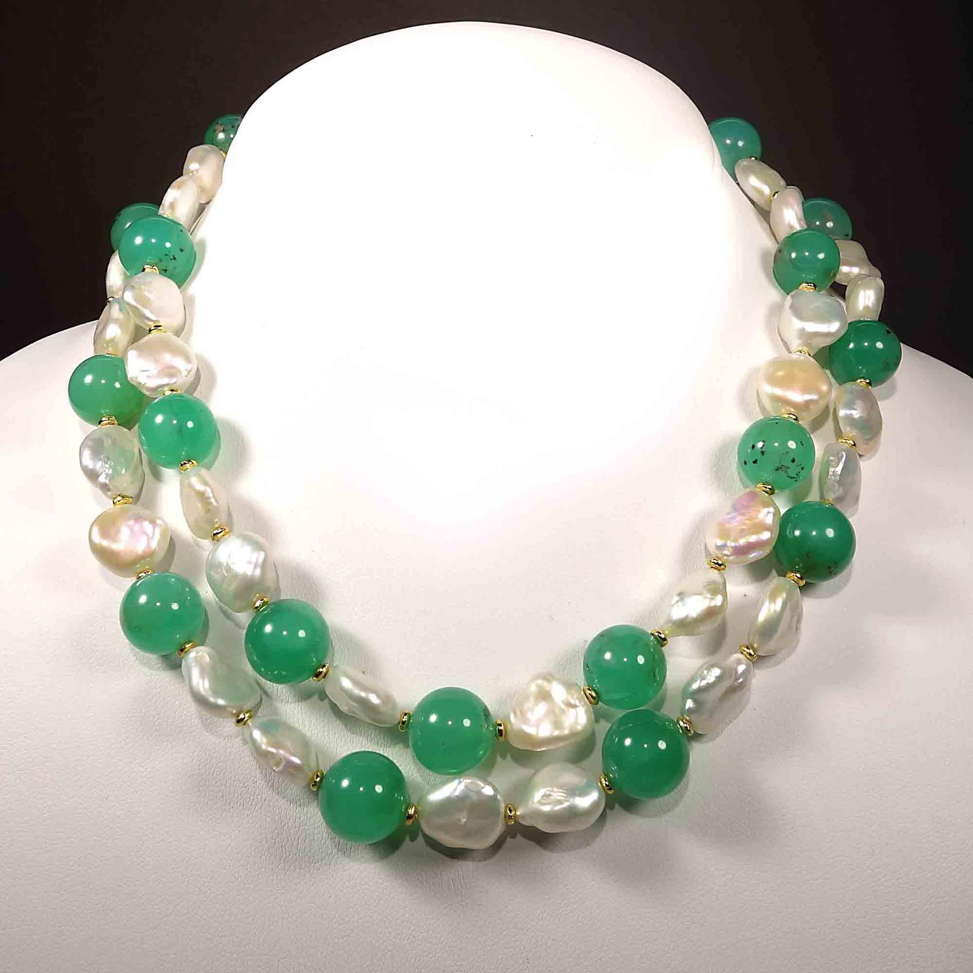 AJD Green Chrysoprase and White Baroque Pearl Double Strand Choker In New Condition In Raleigh, NC