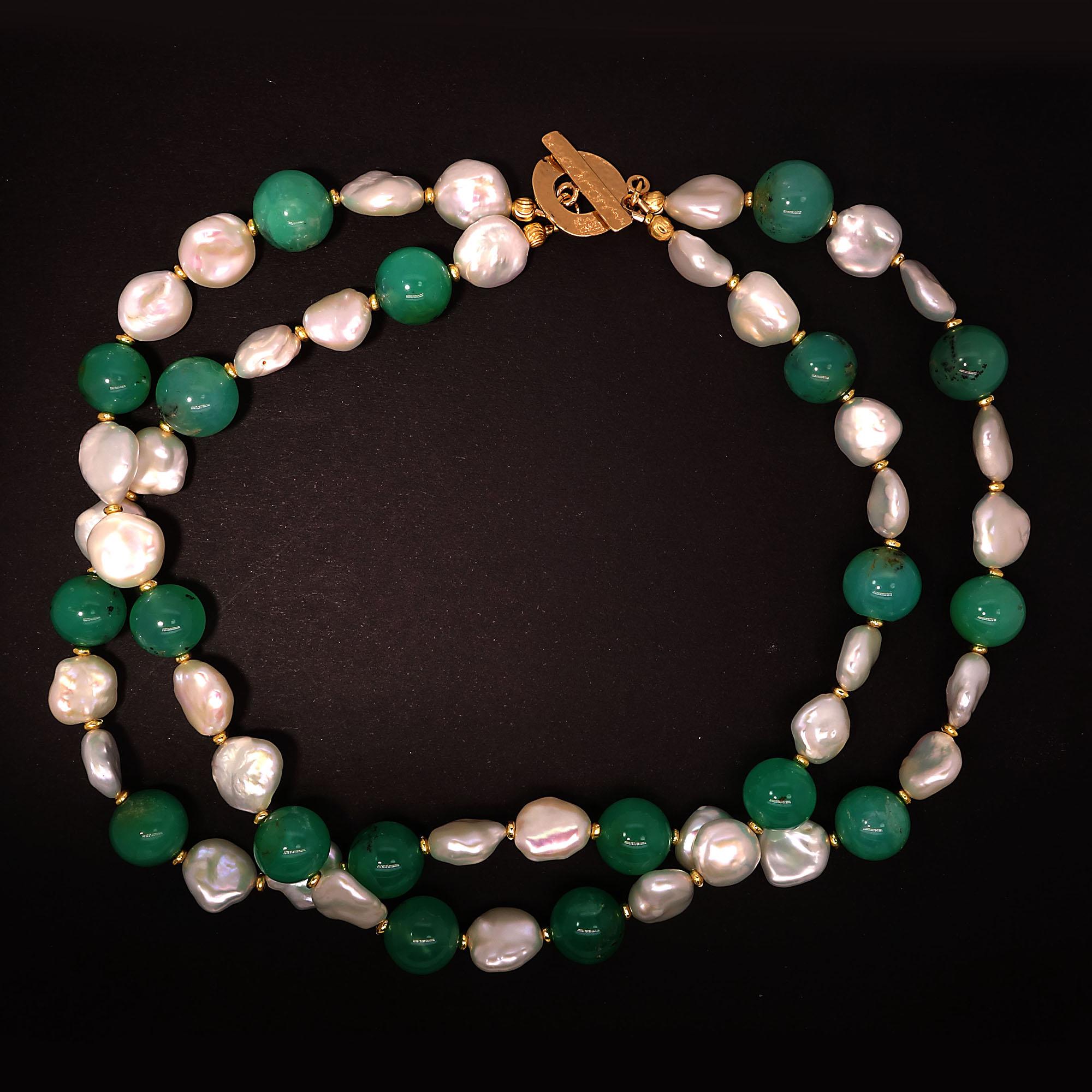 Women's or Men's AJD Green Chrysoprase and White Baroque Pearl Double Strand Choker