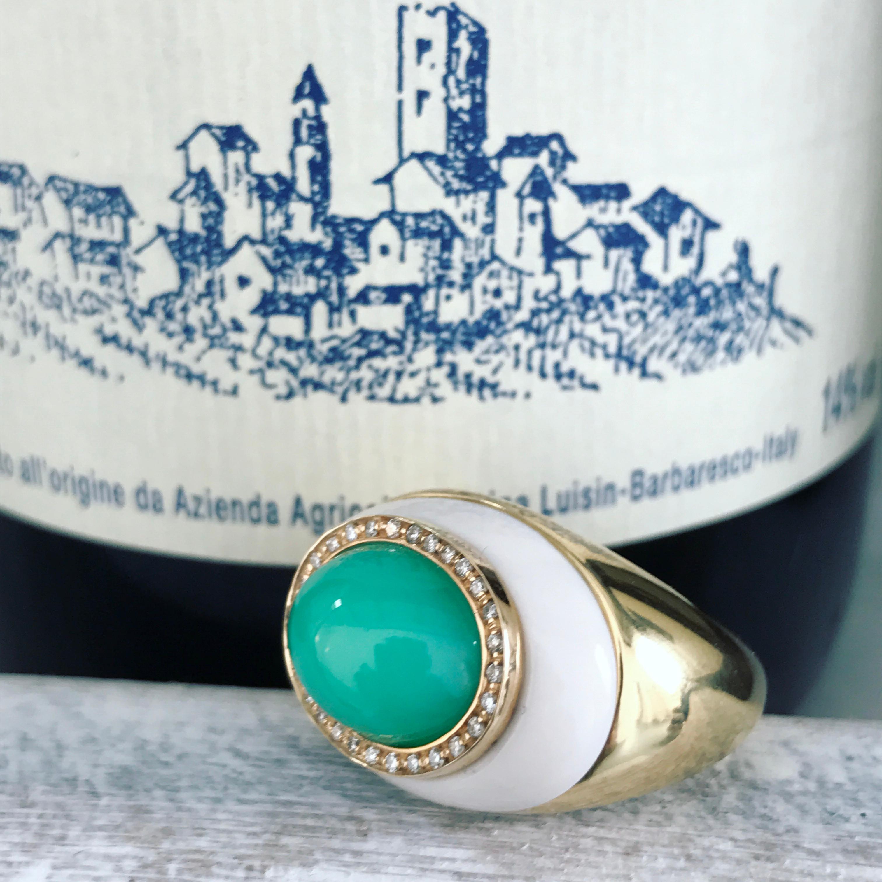 Cabochon Green Chrysoprase and White Diamond Cocktail Ring Made in Italy