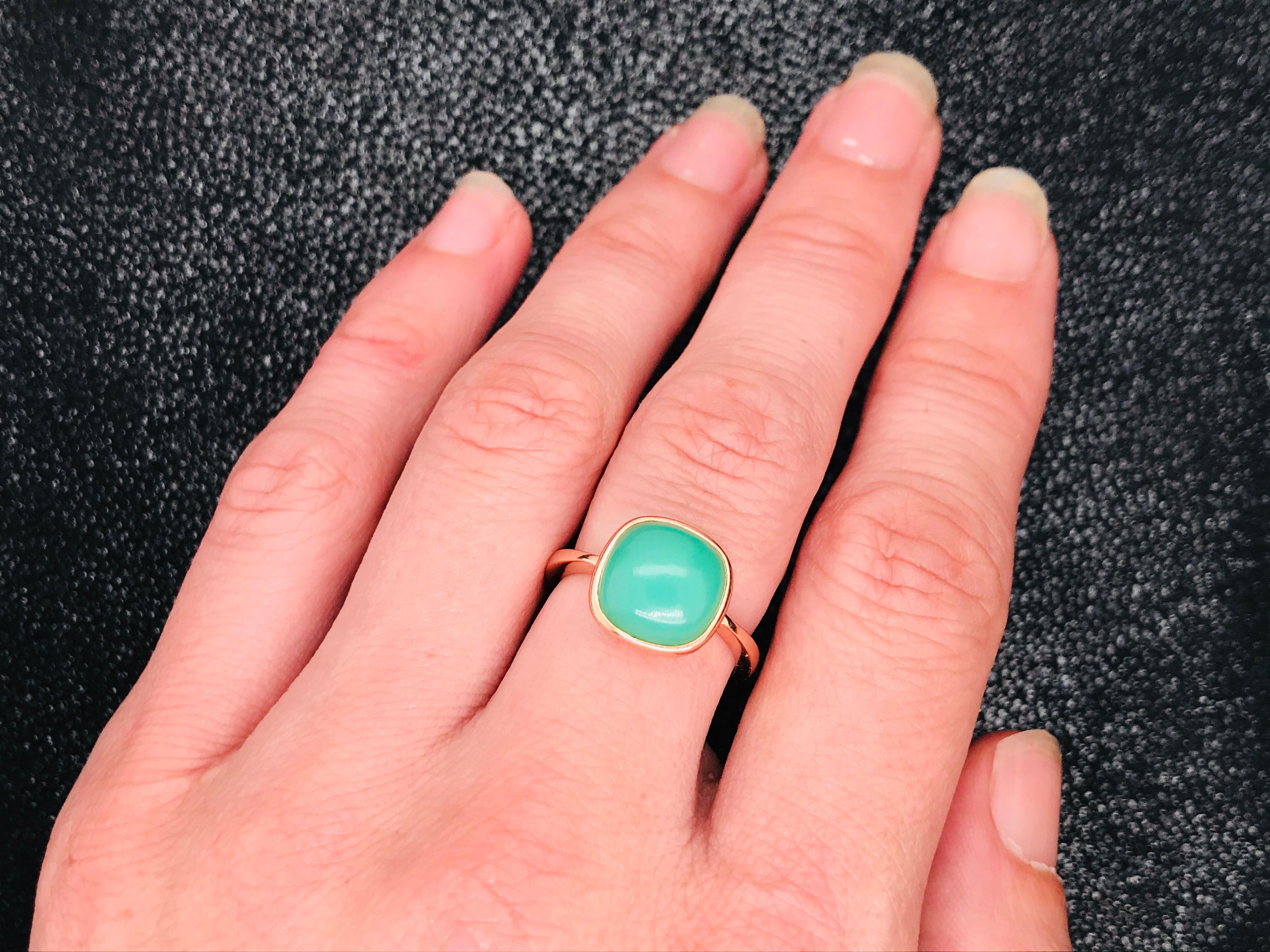 Green Chrysoprase Chalcedony on Rose Gold Ring 18 Karat In New Condition In Vannes, FR