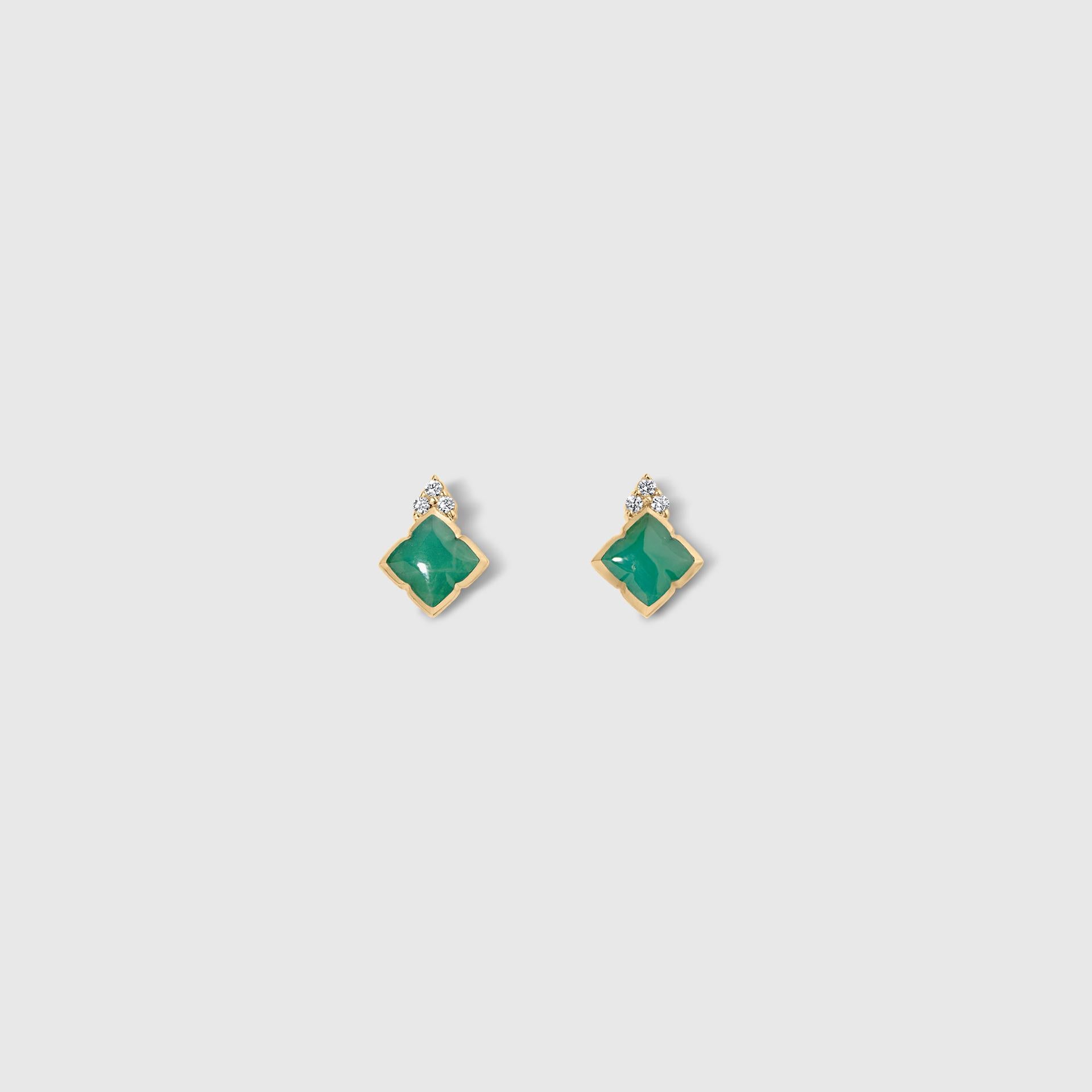 Contemporary Green Chrysoprase Inlay Post Earrings with Diamonds, 14 Karat Gold by Kabana For Sale