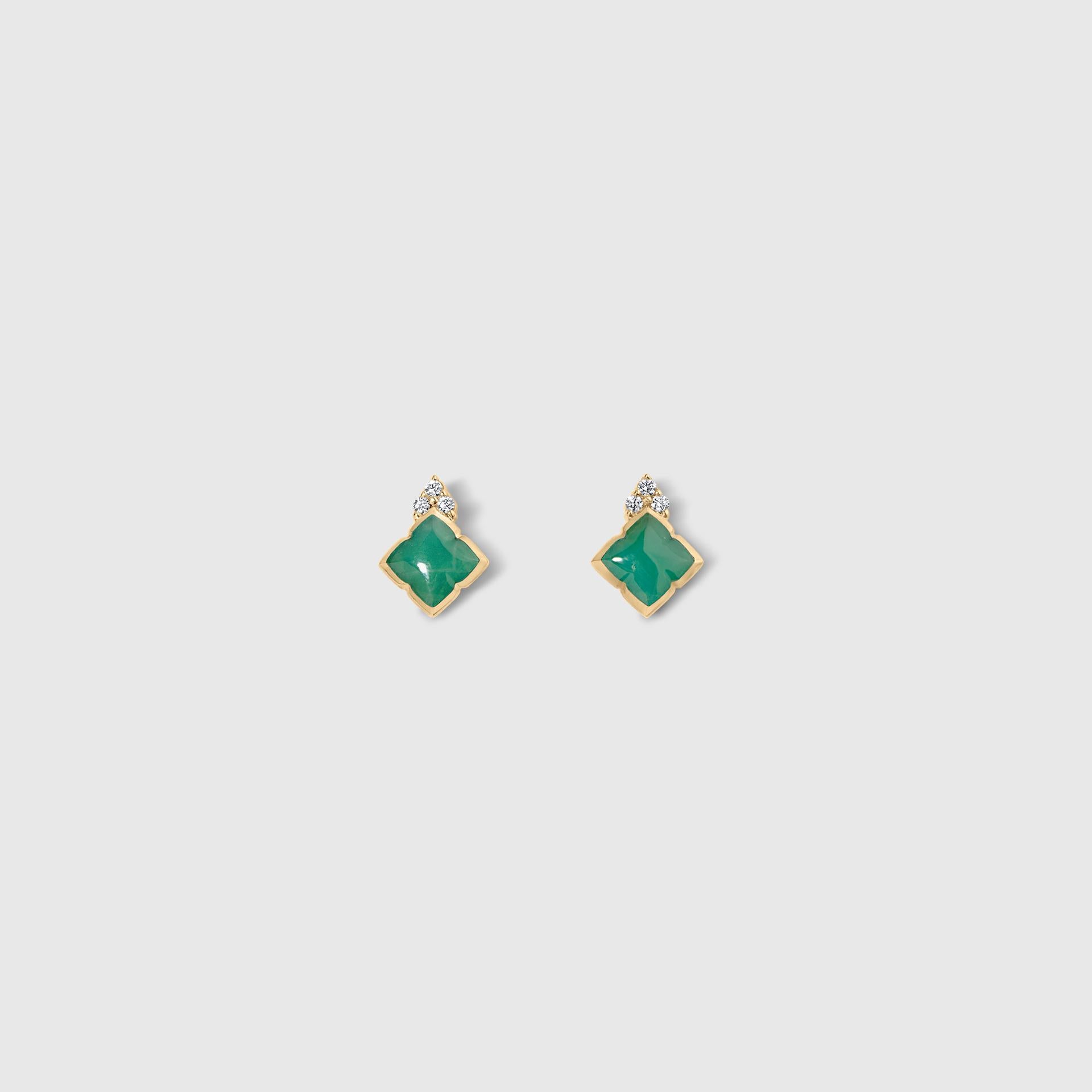 Cabochon Green Chrysoprase Inlay Post Earrings with Diamonds, 14 Karat Gold by Kabana For Sale