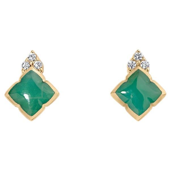 Green Chrysoprase Inlay Post Earrings with Diamonds, 14 Karat Gold by Kabana For Sale