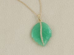 Green Chrysoprase Leaf Pendant with Diamonds in 18K Gold