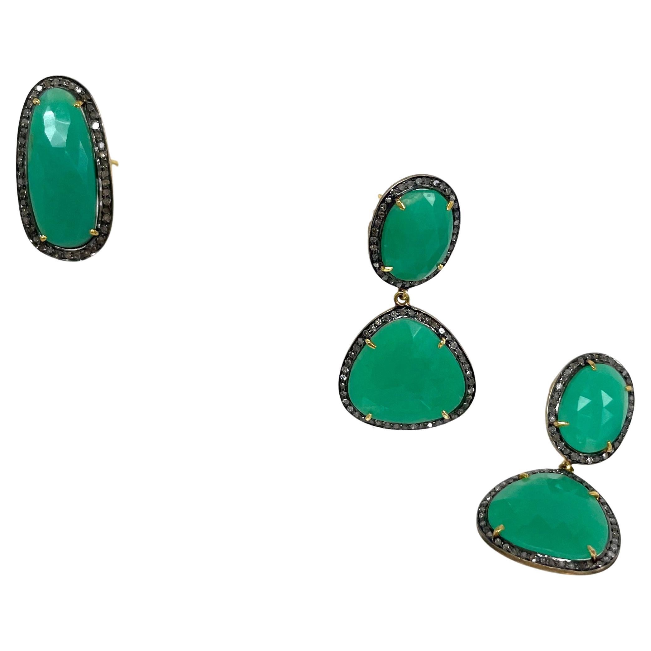 Green Chrysoprase with Pave Diamonds Paradizia Earrings For Sale 7