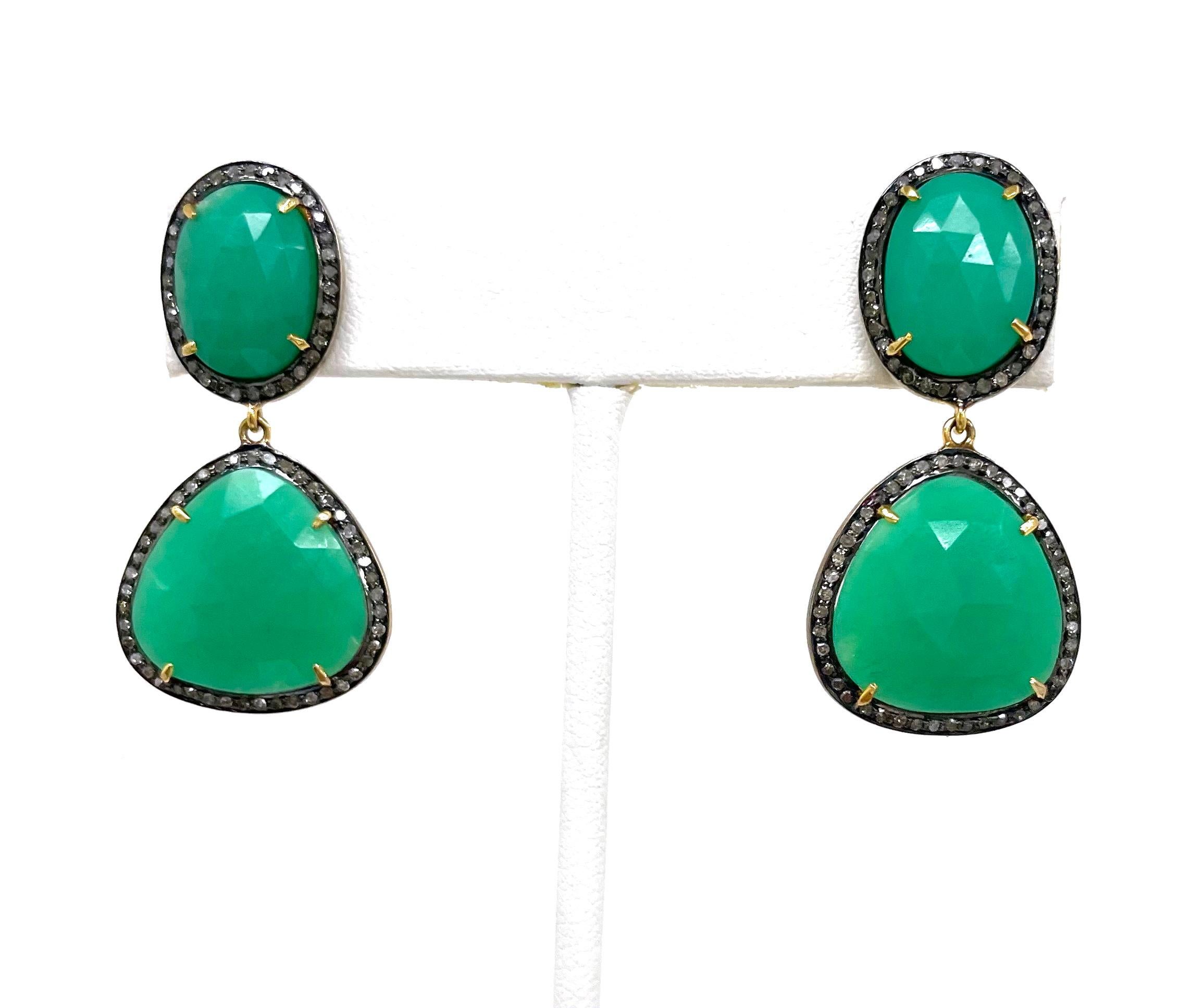 Green Chrysoprase with Pave Diamonds Paradizia Earrings For Sale 9