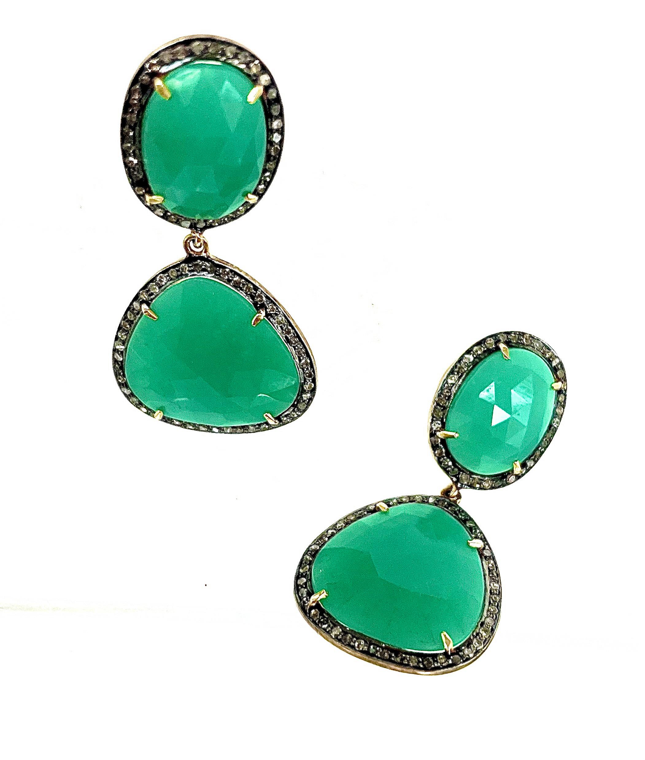 Artisan Green Chrysoprase with Pave Diamonds Paradizia Earrings For Sale