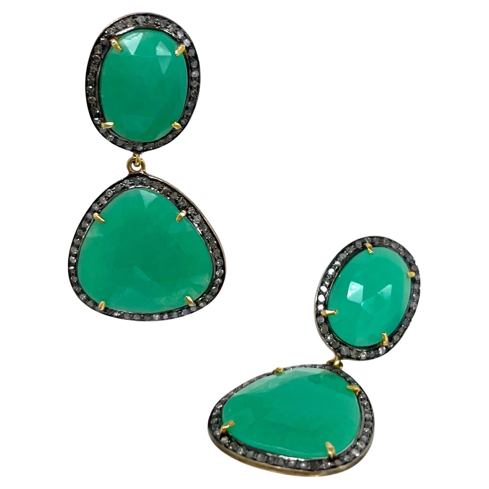 Green Chrysoprase with Pave Diamonds Paradizia Earrings In New Condition For Sale In Laguna Beach, CA