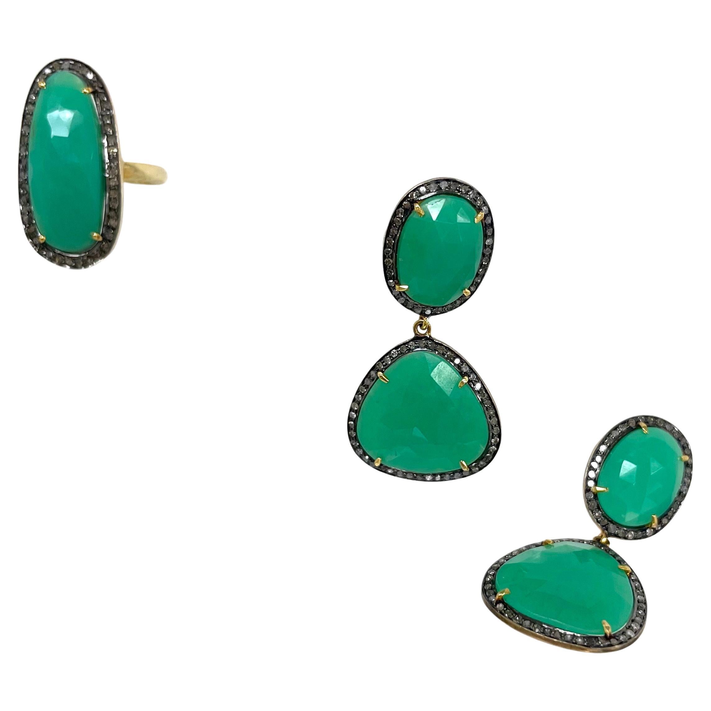 Green Chrysoprase with Pave Diamonds Paradizia Earrings For Sale 1